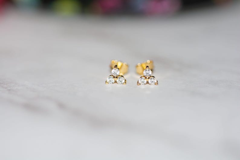 Three Stone CZ Stud Earrings, Triangle CZ Earrings, Simple Gold Stud Earrings, Dainty Stud Earrings, Triangle Shaped Diamond Earrings image 6