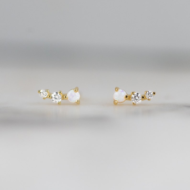 Opal Gold Studs, Opal Stud Earrings, White Opal Studs, Silver Studs, Opal Earrings, Tiny Gold Studs, Gold Stud Earrings, October Birthstone image 2