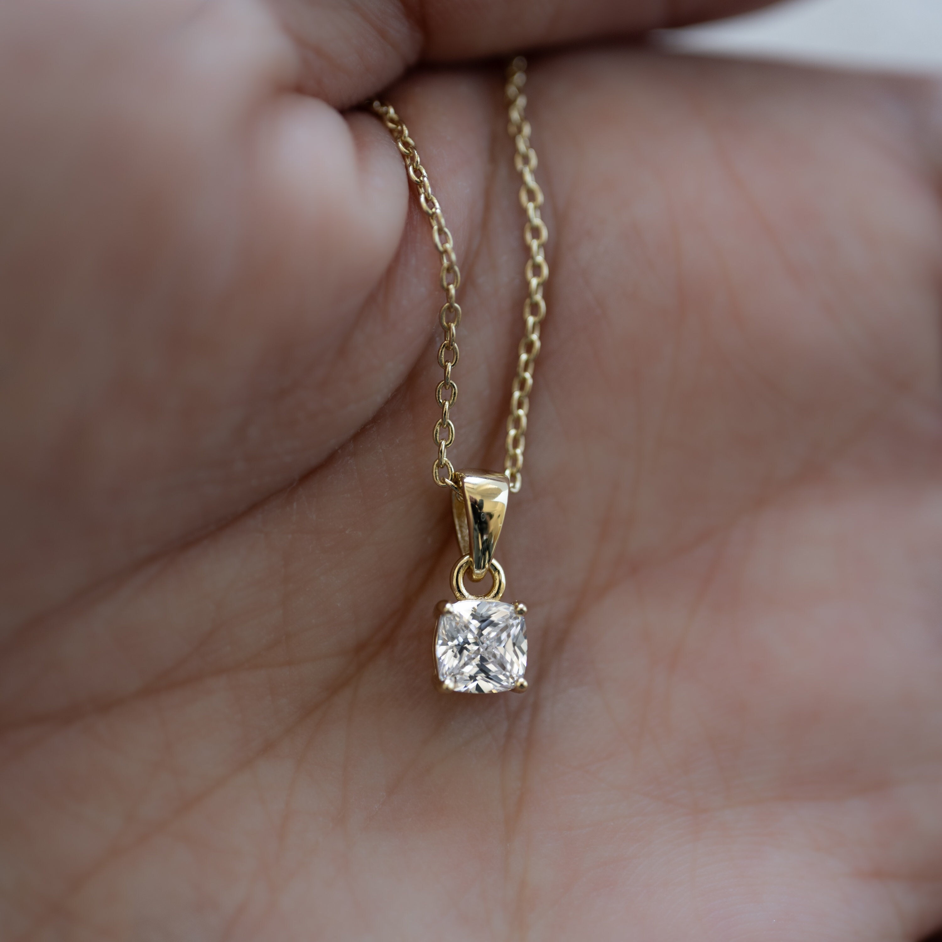 Cushion Diamond Necklace, Dainty Necklace, Gold Necklace, Layering Necklace, Gift for her, Diamond Pendant, CZ Necklace, Anniversary Gift