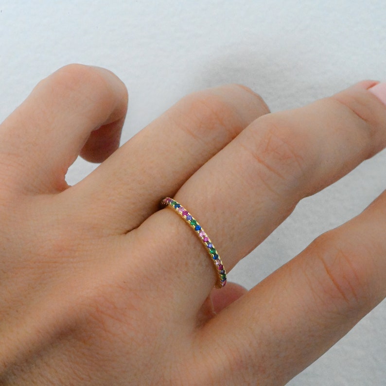 Rainbow Ring Eternity Band, Multicolor Ring, Stackable Rainbow Ring, Rainbow CZ Ring, Rainbow Jewelry, Stackable Rings, Gift for Her image 3