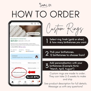 Pu&ograve; includere: Uno screenshot dello schermo di un telefono cellulare che mostra un annuncio per un anello personalizzato con pietre di nascita. L'annuncio include un prezzo, una descrizione e un pulsante per aggiungere l'anello al carrello. L'annuncio include anche una sezione per aggiungere la personalizzazione, come le pietre di nascita che desideri includere nell'anello.