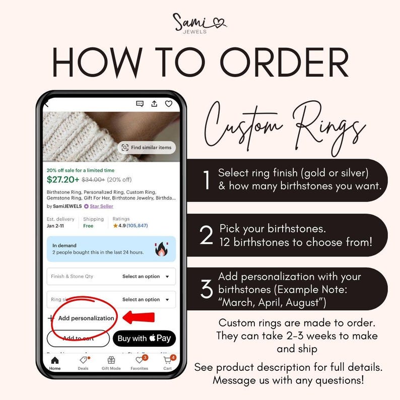 Pu&ograve; includere: Uno screenshot dello schermo di un telefono cellulare che mostra un annuncio per un anello personalizzato con pietre di nascita. L'annuncio include un prezzo, una descrizione e un pulsante per aggiungere l'anello al carrello. L'annuncio include anche una sezione per aggiungere la personalizzazione, come le pietre di nascita che desideri includere nell'anello.