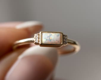 Opal Ring, Baguette Ring, Dainty Opal Ring, Minimalist Ring, Stacking Ring, October Birthstone Ring, Gift for her,