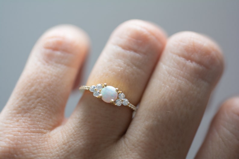 Dainty Opal Ring, Opal Stacking Ring, White Opal and CZ Ring, Gold Opal Ring, Sterling Silver Opal Ring, Delicate Opal Ring, Bridesmaid Gift 