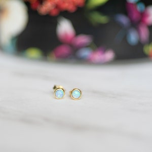 Gold Opal Stud Earrings Small Studs Dainty Studs Minimalist Earrings Opal Studs Blue Opal Earrings Gift for Her October Birthstone image 3