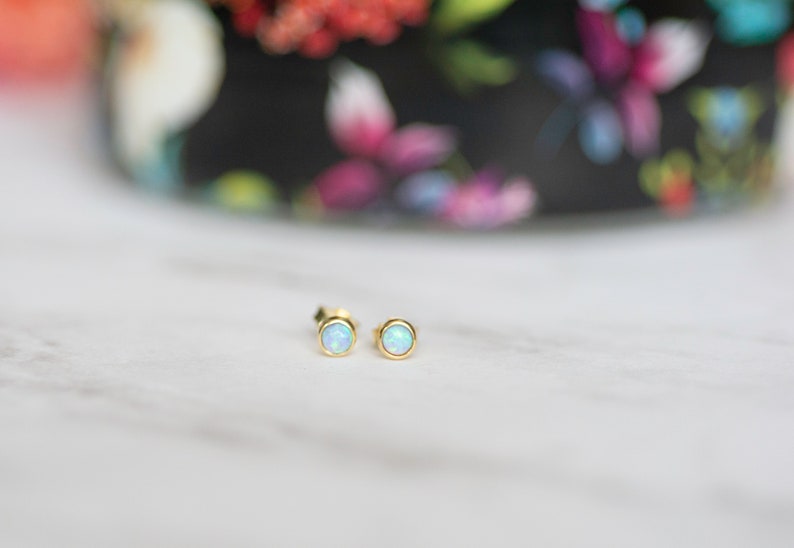 Gold Opal Stud Earrings Small Studs Dainty Studs Minimalist Earrings Opal Studs Blue Opal Earrings Gift for Her October Birthstone image 3