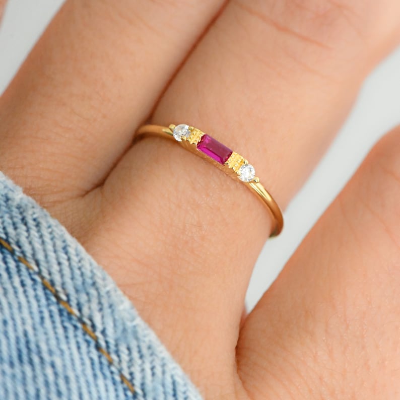 Ruby Dainty Baguette Stacking Ring, Gold Minimalist Ring, Simple Ruby Ring, Sterling Silver Ring, Thin Ring, Delicate Ring, Gift for Her image 2