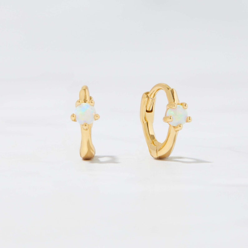 Opal Huggie Earrings, Small Gold Hoop Earrings, Opal Hoops, Gold Hoop Earrings, Gold Huggie Earrings, Silver Opal Hoop Earring, Opal Earring image 3