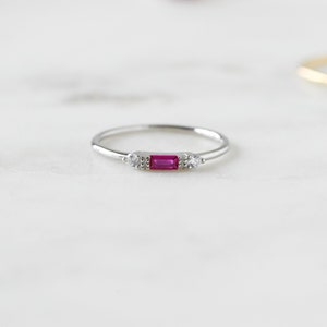 Ruby Dainty Baguette Stacking Ring, Gold Minimalist Ring, Simple Ruby Ring, Sterling Silver Ring, Thin Ring, Delicate Ring, Gift for Her image 3