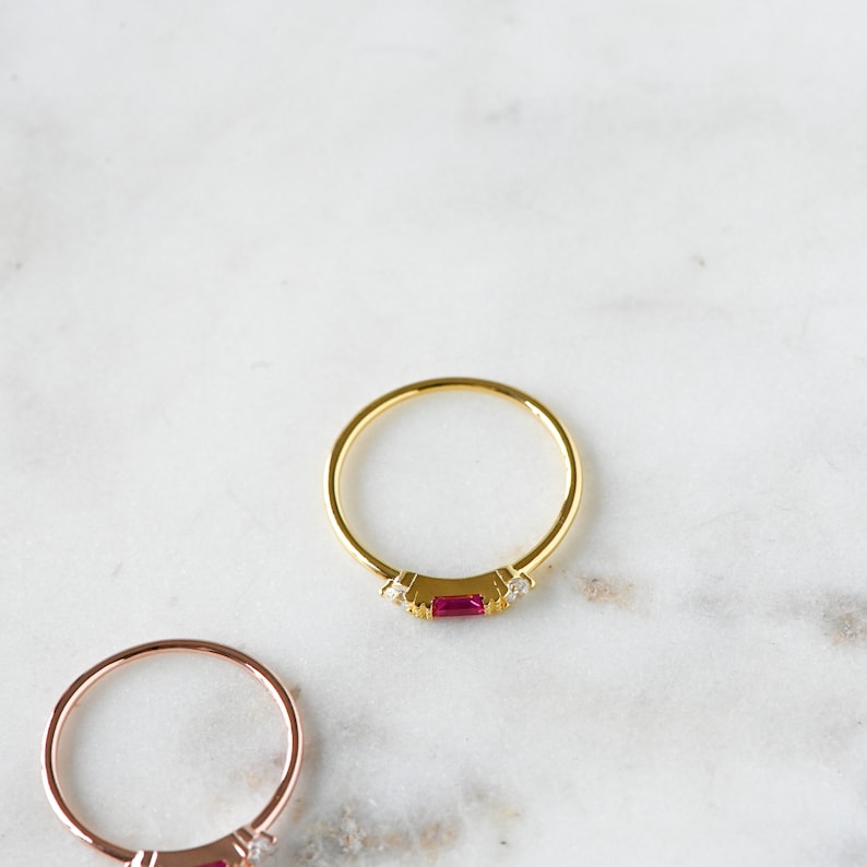 Ruby Dainty Baguette Stacking Ring, Gold Minimalist Ring, Simple Ruby Ring, Sterling Silver Ring, Thin Ring, Delicate Ring, Gift for Her image 6