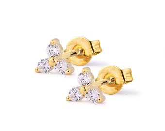 Three Stone CZ Stud Earrings, Triangle CZ Earrings, Simple Gold Stud Earrings, Dainty Stud Earrings, Triangle Shaped Diamond Earrings