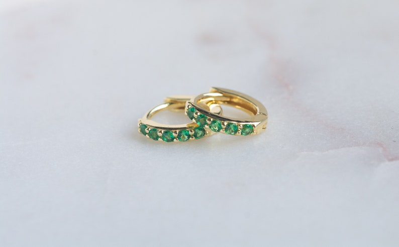 Emerald Earrings, Green Earrings, Hoop Earrings, Dainty Earrings, Tiny Hoop Earrings, Minimalist Earrings, Gold Earrings, Small Hoops, Gift image 3