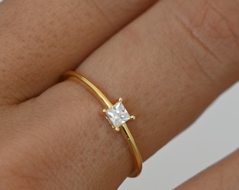 Princess Cut Ring, Dainty Ring, Gold Minimalist Ring, Sterling Silver Ring, Thin Ring, Delicate Ring, Gift for Her, Stacking Ring