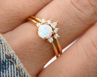 Opal Stacking Ring Set, Dainty Opal Ring, White Opal and CZ Ring, Gold Opal Ring, Sterling Silver Opal Ring, Delicate Opal Ring