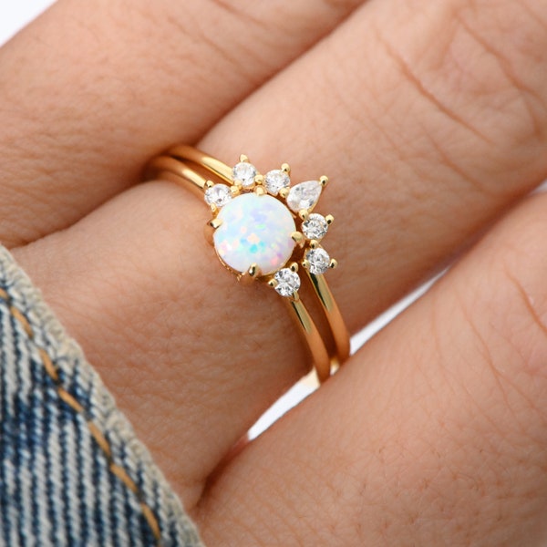 Opal Stacking Ring Set, Dainty Opal Ring, White Opal and CZ Ring, Gold Opal Ring, Sterling Silver Opal Ring, Delicate Opal Ring