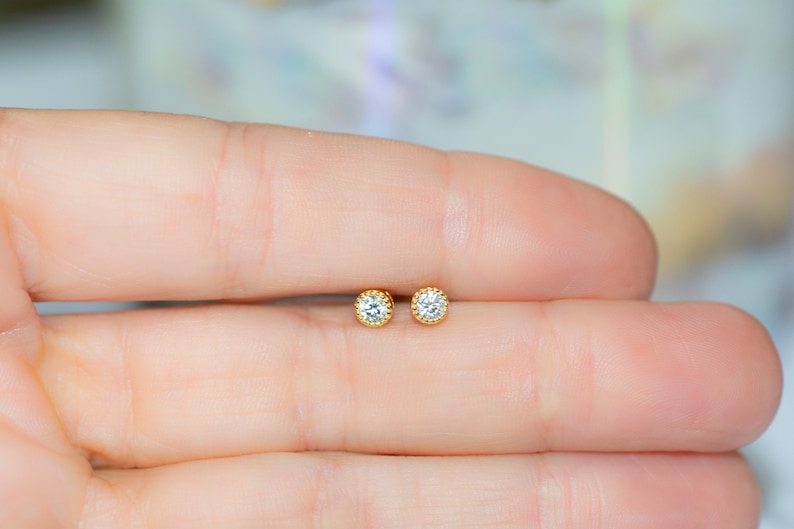 Tiny Diamond Stud Earrings, 3mm CZ Studs, Dainty Stud Earrings, Small Stud Earrings, Cartilage Piercing Stud Earrings, Minimalist Earrings image 4