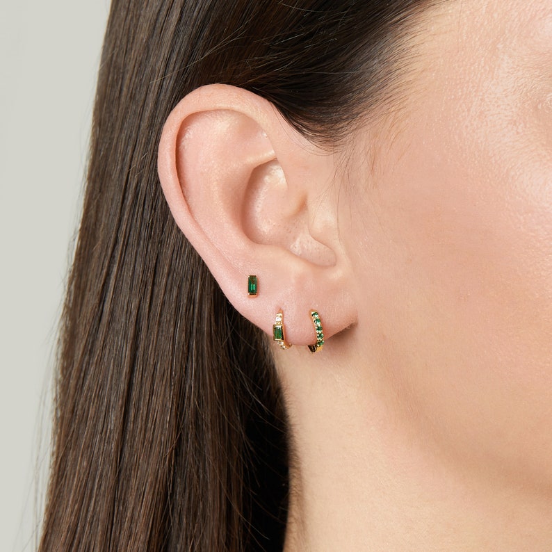 Emerald Earrings, Green Earrings, Hoop Earrings, Dainty Earrings, Tiny Hoop Earrings, Minimalist Earrings, Gold Earrings, Small Hoops, Gift image 2