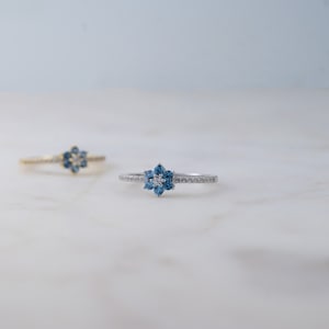 May include: A silver ring with a blue and white flower design. The ring is set with small, sparkling stones.
