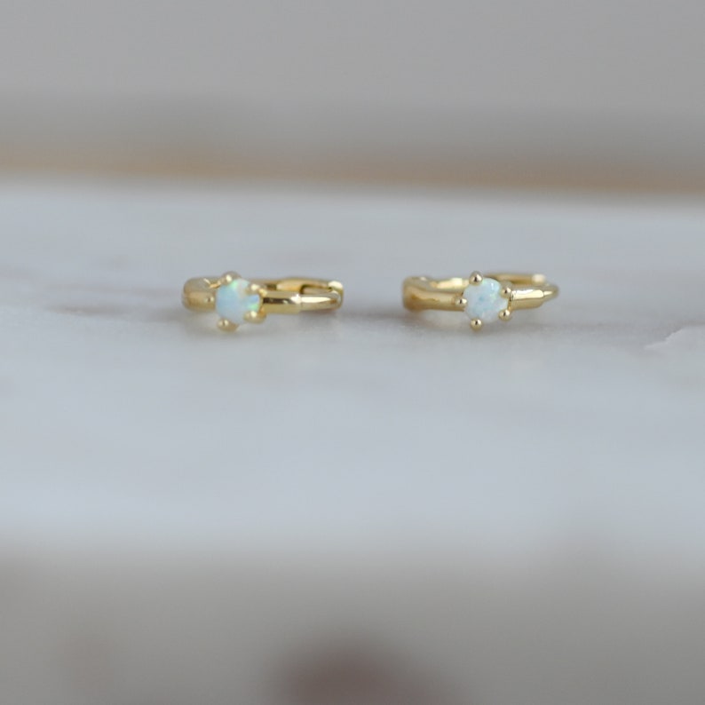 Opal Huggie Earrings, Small Gold Hoop Earrings, Opal Hoops, Gold Hoop Earrings, Gold Huggie Earrings, Silver Opal Hoop Earring, Opal Earring image 5