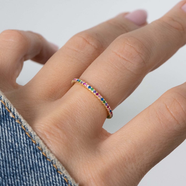 Rainbow Ring Eternity Band, Multicolor Ring, Stackable Rainbow Ring, Rainbow CZ Ring, Rainbow Jewelry, Stackable Rings, Gift for Her image 1