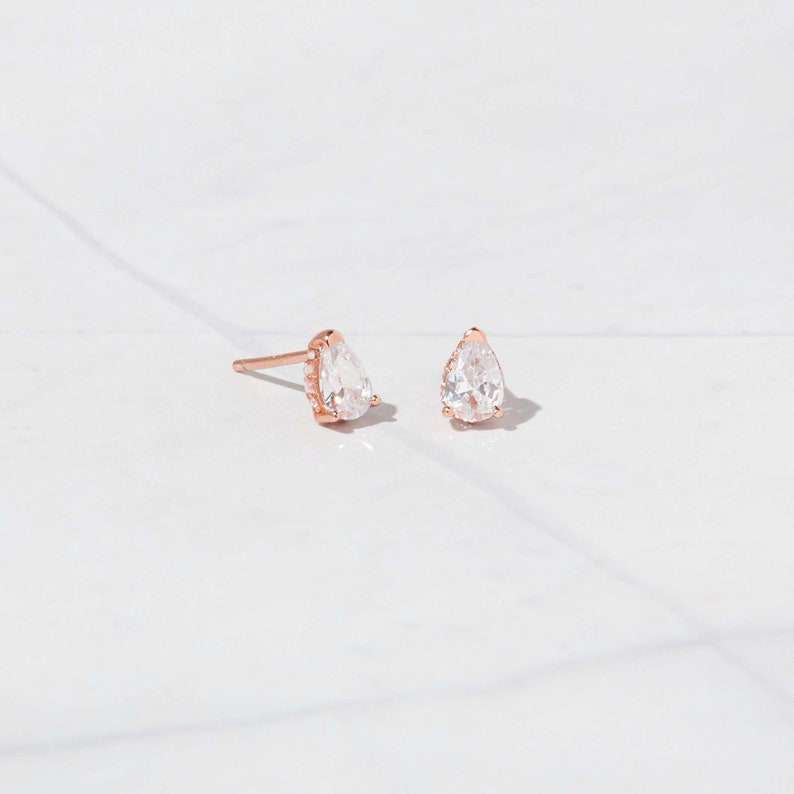 Simple Gold Stud Earrings Minimalist Tear Drop Studs Dainty Earrings Cubic Zirconia Diamond Earrings CZ Earrings CZ Studs Bridal Earrings image 5