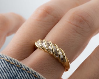 Baguette Ring, Twist Baguette Ring, Stacking Ring, Gold Ring, Minimalist Ring, Sterling Silver Ring, Croissant Ring, Dome Ring, Dainty Ring