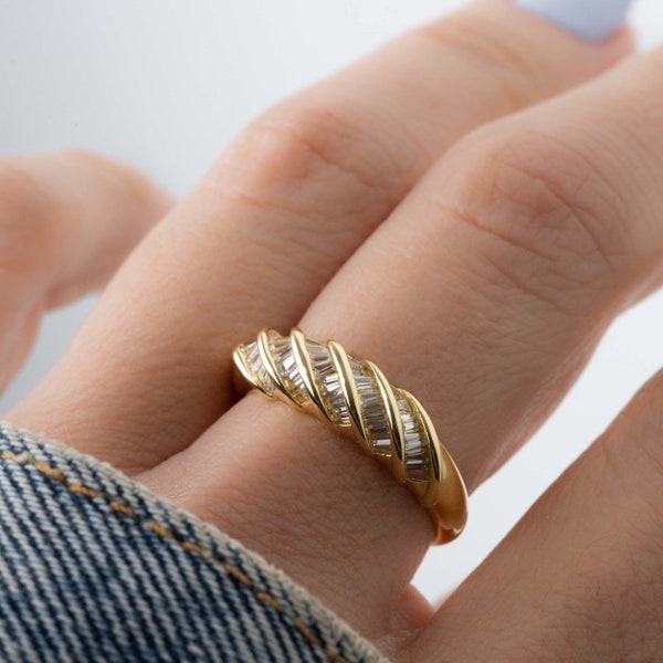 Anello Baguette, Anello Baguette Twist, Anello impilabile, Anello d'oro, Anello minimalista, Anello d'argento Sterling, Anello Croissant, Anello a cupola, Anello delicato