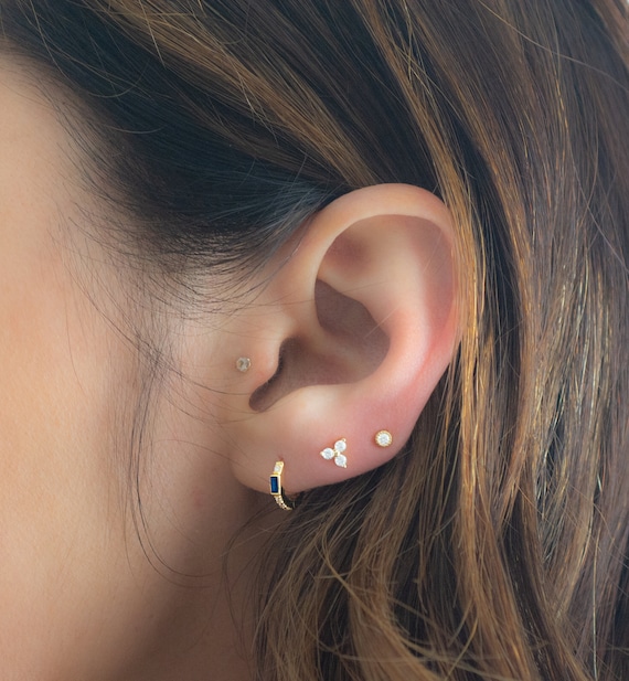 Baguette Sapphire Huggies Earrings Gold Tiny Hoops Dainty Hoops