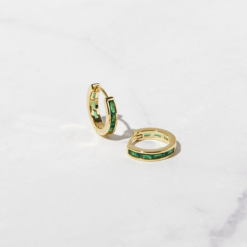 Emerald Earrings, Emerald Huggie Hoops, May Birthstone, Gold Hoop Earrings, Emerald Huggies, Small Hoop Earrings, Emerald Jewelry, Huggies image 1