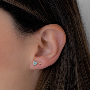 Turquoise Three Stone Stud Earrings, Turquoise Stud Earrings, Tiny Gold Studs, Turquoise Earrings, December Birthstone, Turquoise Studs