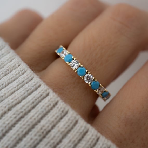 Turquoise CZ Eternity Ring, Turquoise Ring, Gemstone Ring, Statement Ring, Eternity Ring, Two Stone Ring, Christmas Gift, Gift for Her