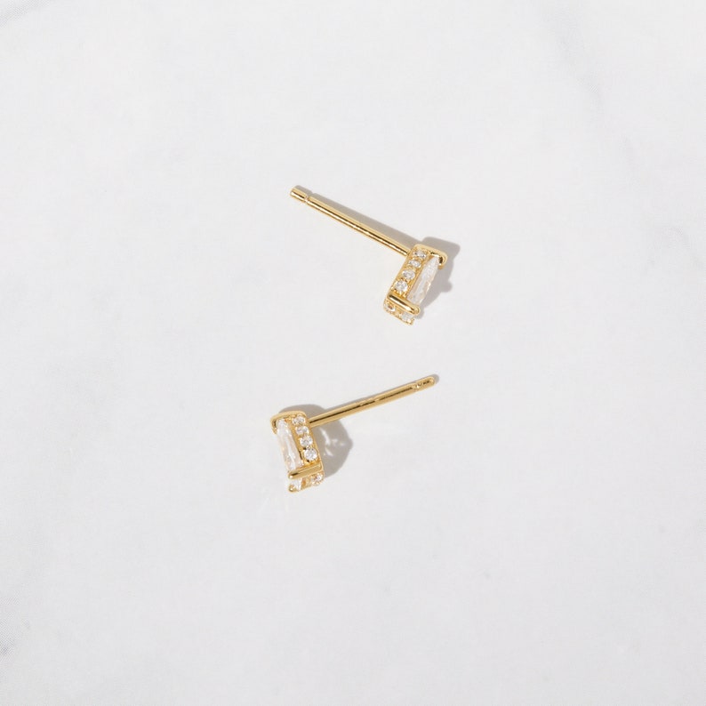 Simple Gold Stud Earrings Minimalist Tear Drop Studs Dainty Earrings Cubic Zirconia Diamond Earrings CZ Earrings CZ Studs Bridal Earrings image 3