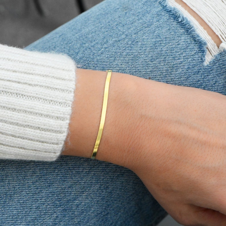 2mm Herringbone Bracelet, Herringbone Chain Bracelet, Gold Bracelet, Gold Herringbone, Dainty Bracelet, Snake Bracelet, Gift for Her image 1