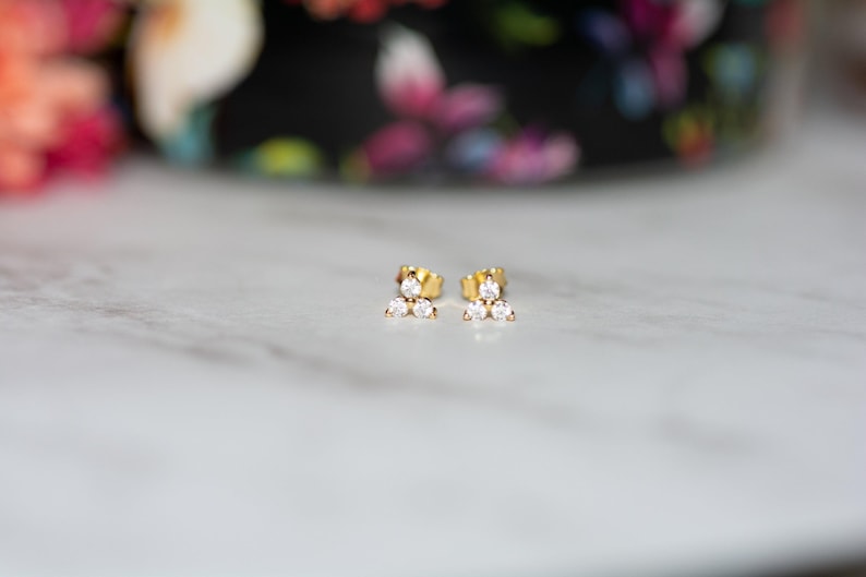 Three Stone CZ Stud Earrings, Triangle CZ Earrings, Simple Gold Stud Earrings, Dainty Stud Earrings, Triangle Shaped Diamond Earrings image 5