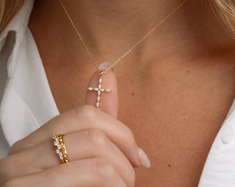 Christian Cross Necklace featuring Marquise Cut Cubic Zirconia Stones, Religious Necklace, Faith Necklace for Women, Cross Pendant