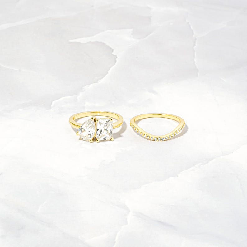Toi et Moi Ring and Matching Band Set, Promise Ring, Engagement Ring, Two Stone Ring, Wedding Ring, Anniversary Gift, Gift for Her, Ring Set image 5