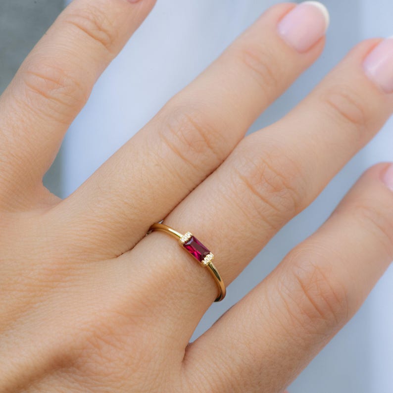 Ruby Dainty Baguette Stacking Ring, Gold Minimalist Ring, Simple Ruby Ring, Sterling Silver Ring, Thin Ring, Delicate Ring Gift for Her image 1
