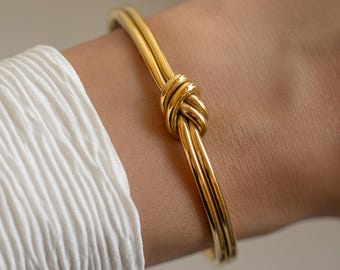 Knot Bangle Bracelet, Adjustable Stainless Steel Cuff, Gold Silver