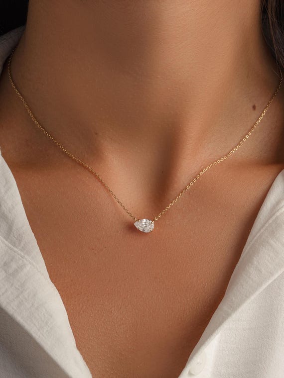 Teardrop Necklace, Floating Necklace, Diamond Pendant Necklace, Dainty Necklace, Bridal Jewelry, Pear Diamond Necklace, Minimalist Necklace