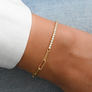 Half Tennis Half Paperclip Bracelet, Tennis Bracelet, CZ Tennis Bracelet, Paperclip Bracelet, Link Bracelet, Gift for Her, Bracelet