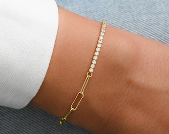 Half Tennis Half Paperclip Bracelet, Tennis Bracelet, CZ Tennis Bracelet, Paperclip Bracelet, Link Bracelet, Gift for Her, Bracelet