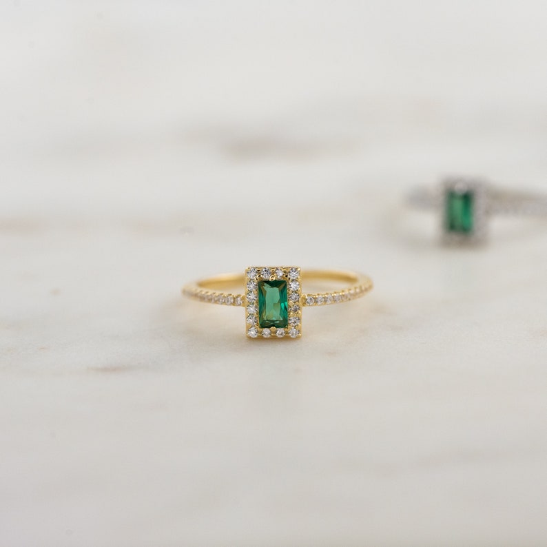 Emerald Ring, Baguette Ring, Baguette Emerald Ring, Diamond Ring, Dainty Stacking Ring, Minimalist Emerald Ring, May Birthstone Ring, Gift image 3
