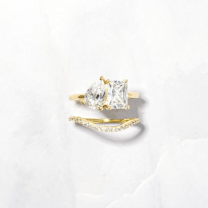 Toi et Moi Ring and Matching Band Set, Promise Ring, Engagement Ring, Two Stone Ring, Wedding Ring, Anniversary Gift, Gift for Her, Ring Set image 2