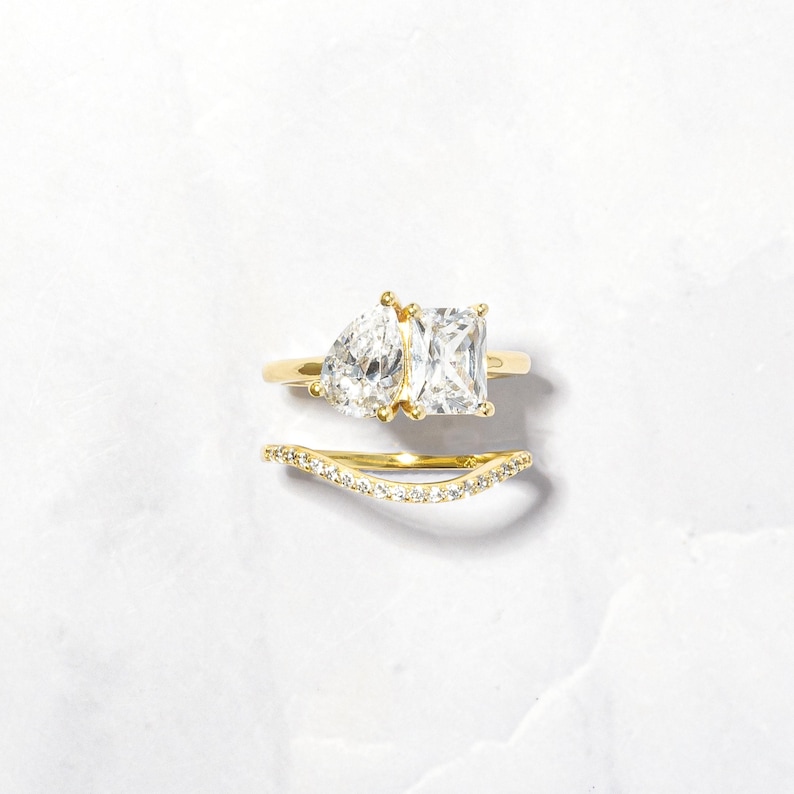 Toi et Moi Ring and Matching Band Set, Promise Ring, Engagement Ring, Two Stone Ring, Wedding Ring, Anniversary Gift, Gift for Her, Ring Set image 2