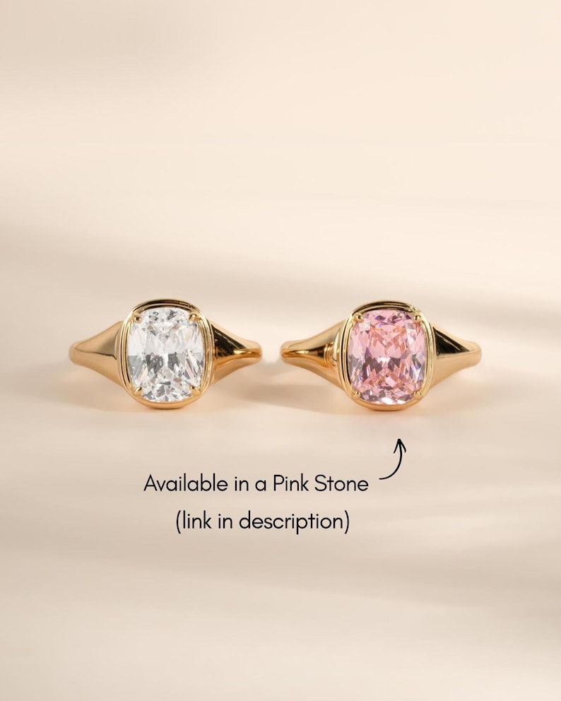 Elongated cushion cut ring shown in the classic diamond cz stone and the pink stone colorway option