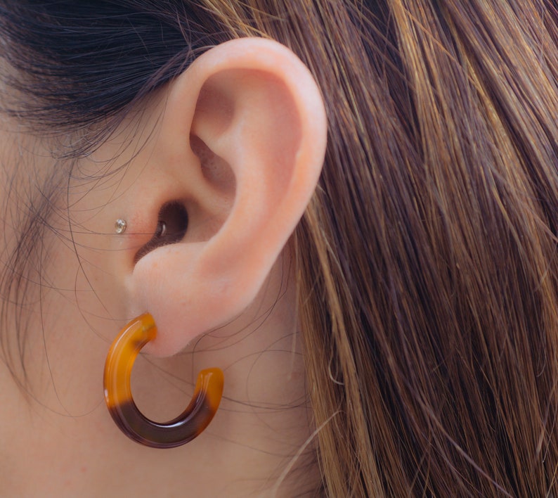 Tortoise Hoop Earrings Small Tortoise 25 mm Hoop Earrings Small Hoops Acetate Earrings Resin Jewelry Tortoise Jewelry Boho Jewelry image 7