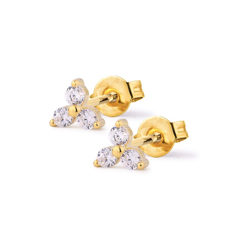 Three Stone CZ Stud Earrings, Triangle CZ Earrings, Simple Gold Stud Earrings, Dainty Stud Earrings, Triangle Shaped Diamond Earrings image 1