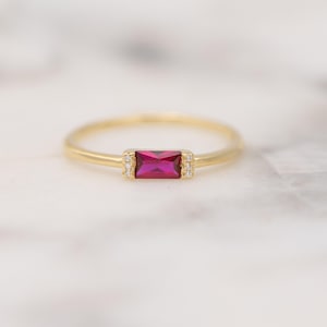 Ruby Dainty Baguette Stacking Ring, Gold Minimalist Ring, Simple Ruby Ring, Sterling Silver Ring, Thin Ring, Delicate Ring Gift for Her image 2