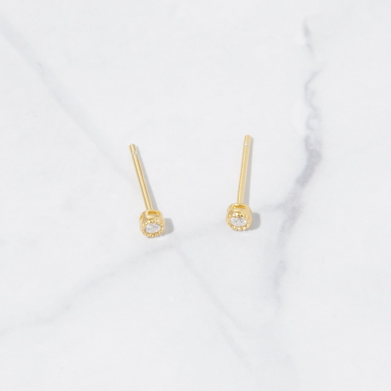 Tiny Diamond Stud Earrings, 3mm CZ Studs, Dainty Stud Earrings, Small Stud Earrings, Cartilage Piercing Stud Earrings, Minimalist Earrings image 3