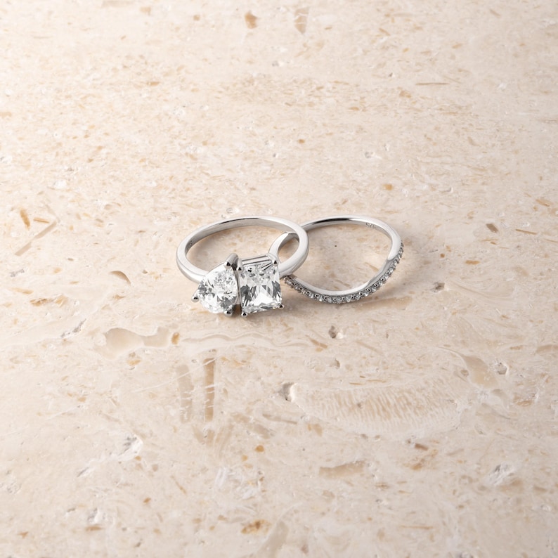 Toi et Moi Ring and Matching Band Set, Promise Ring, Engagement Ring, Two Stone Ring, Wedding Ring, Anniversary Gift, Gift for Her, Ring Set image 7